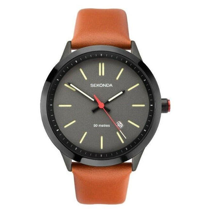 Sekonda Mens Fashion Dated Grey Dial with Brown Leather Strap Watch 1828