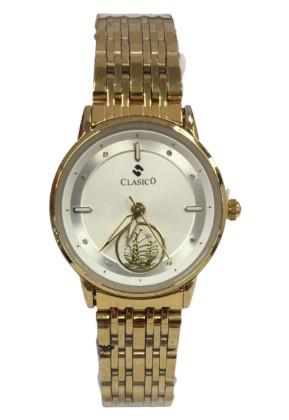 Clasico Ladies Water Resistant Round Bling White Dial Goldtone Metal Strap Bracelet Watch - CLEARANCE NEEDS RE-BATTERY