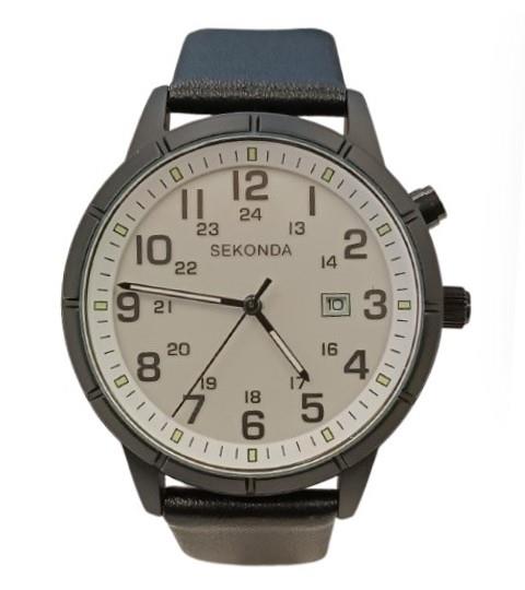 Sekonda Mens Fashion Dated White Face Black Leather Strap watch