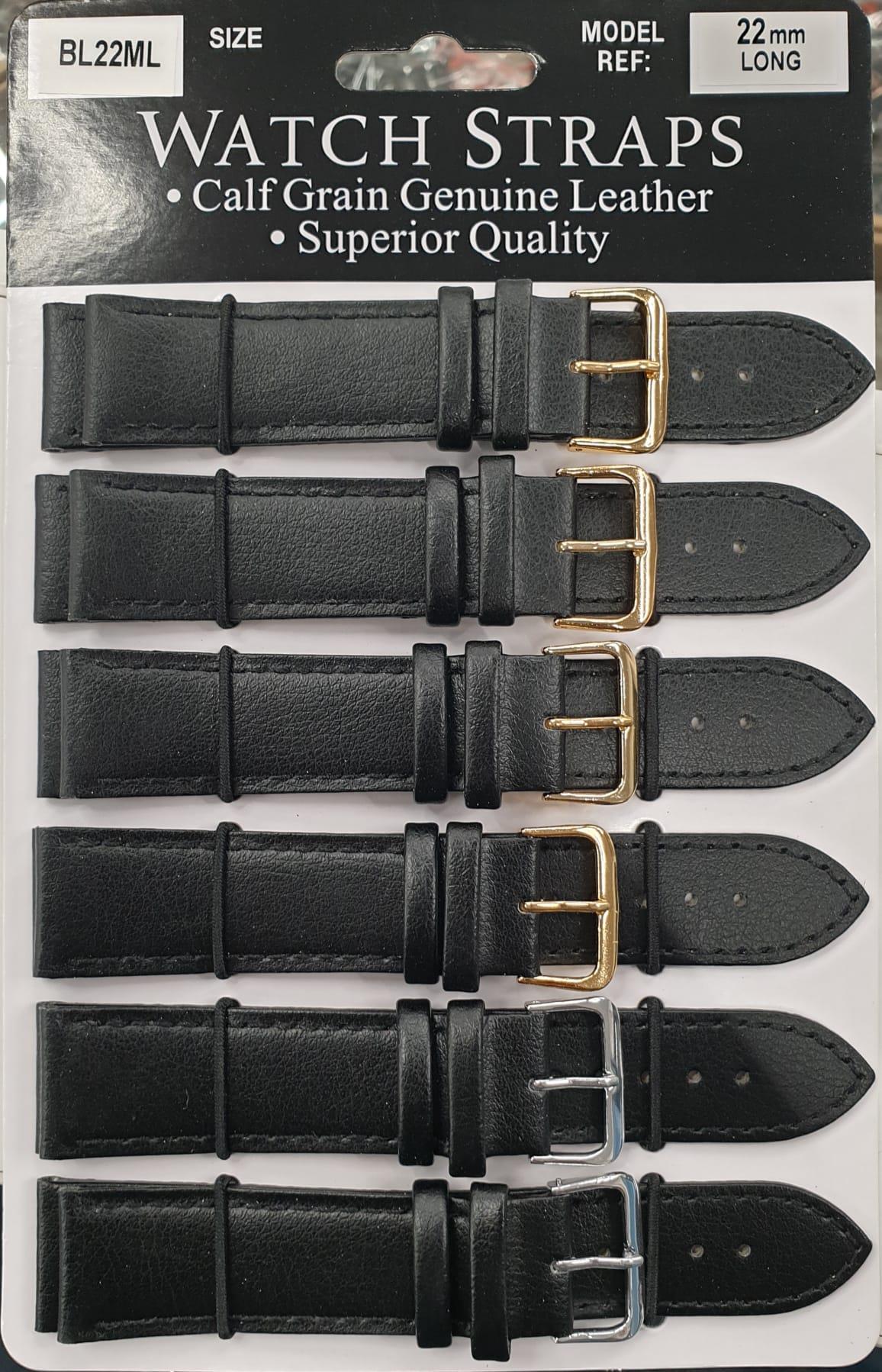 BLML Regular Black Leather Straps LONG card of 6 Available Size 12mm To 24mm