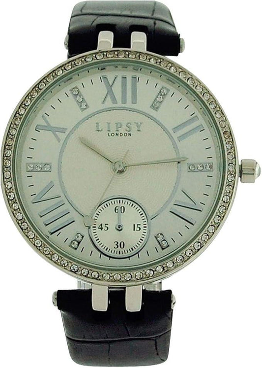 Lipsy London Ladies Bling Bezel Silver Tone Dial Black Leather Strap Watch LP293 - CLEARANCE NEEDS RE-BATTERY