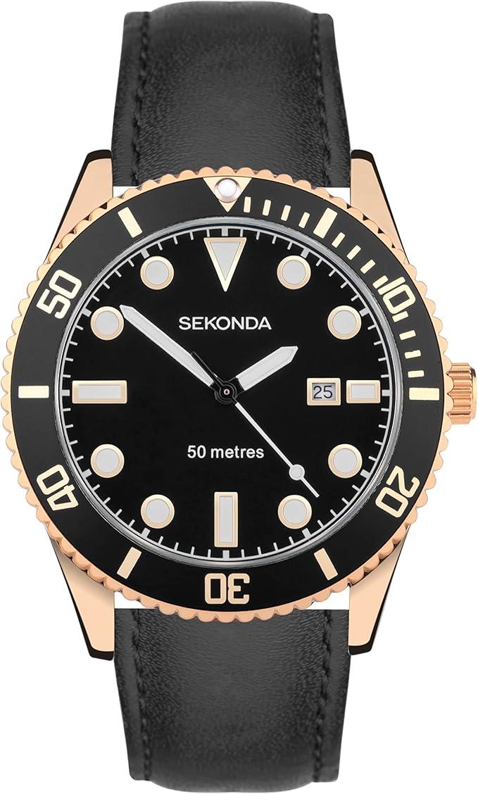 Sekonda Mens Fashion Dive Oceans Herren-Quarz Dated Black Leather Strap Watch
