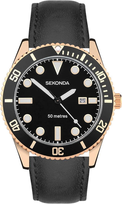 Sekonda Mens Fashion Dive Oceans Herren-Quarz Dated Black Leather Strap Watch