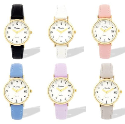 Ravel Ladies Basic Golden case Dated White Dial With Faux Leather Strap Watch Available Multiple Colour