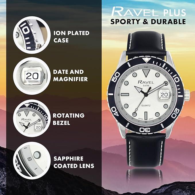 Ravel Mens Fashion Sports 42mm Round 5ATM Dated Dial Rotating Uni-Directional Bezel Black Leather Strap Watch RPD-M Available Multi Colors