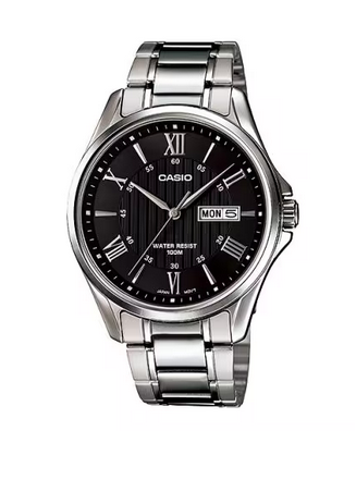Casio Mens Stainless Steel Roman Numeral Day Date Watch
