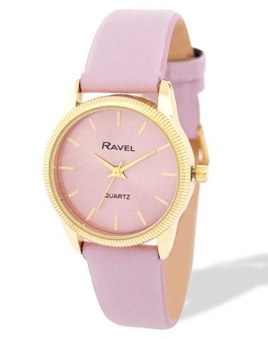 Ravel Ladies Fashion Round Golden Textured Case Dial with Leather Strap Watch Available Multiple Colour