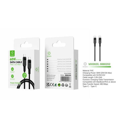 Woox Type C to Type C PVC Data Cable, 60W 20V/3A Max, 1m/2m/3m,  White/Black