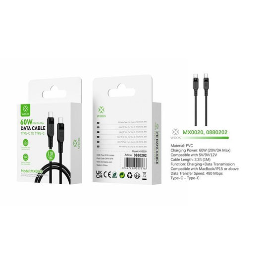 Woox MX0020 Type C to Type C PVC Data Cable, 60W, 3.3ft 1m, Black