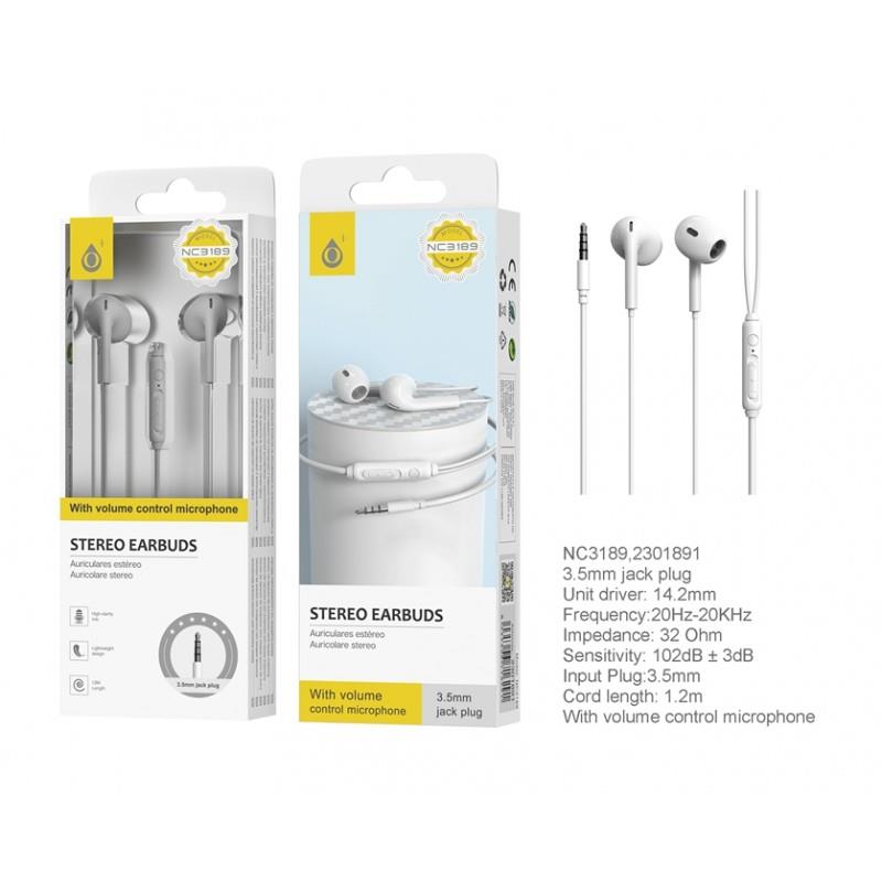 NC3189 Earphones AVA, with Microphone & Volume Control, 1.2m White