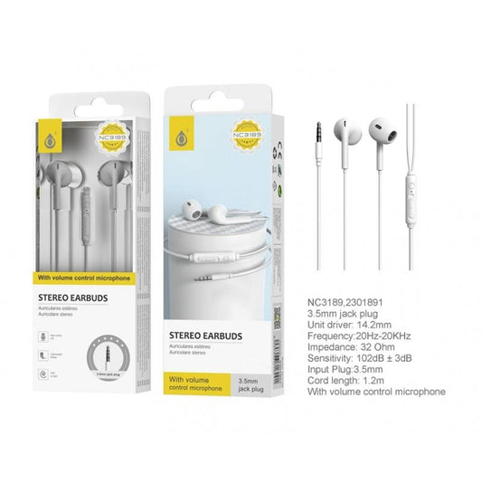 NC3189 Earphones AVA, with Microphone & Volume Control, 1.2m White