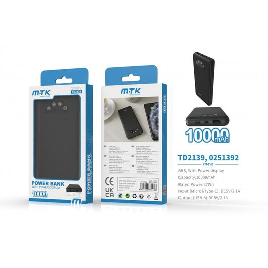 M.TK TD2139 10000mAh Power Bank, 5V2A with LED indicator, Black Woox