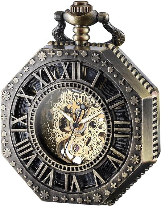 Boshiya Mens Mechanical Hand Winding Half Hunter Steampunk Bronze Pocket Watch