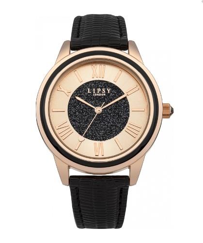 Lipsy London Ladies Glittery and Rose gold tone dial Black Leather Strap Watch LP270 - CLEARANCE NEEDS RE-BATTERY