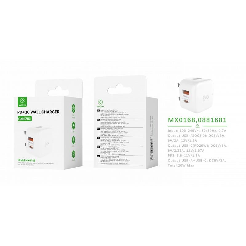 Woox MX0168 UK Type-C 20W PD & USB 3A QC Wall Charger, White