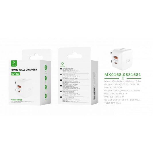 Woox MX0168 UK Type-C 20W PD & USB 3A QC Wall Charger, White