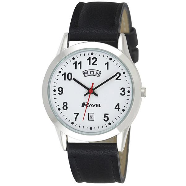 Ravel Mens Stainless Steel Day/Date  Faux Leather Strap Watch + Ravel Womens Stainless Steel Day/Date Faux Leather Strap Watch R0706.20.1+R0706.20.2
