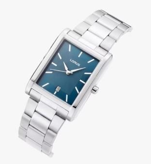 Lorus Mens Basic Fashion Rectangular Date Blue Dial Silver Stainless Steel Bracelet Watch RH935RX9