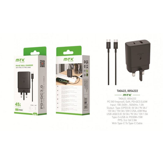 MTK PD+QC Wall Charger with Type-C to Type-C Cable 45w GaN