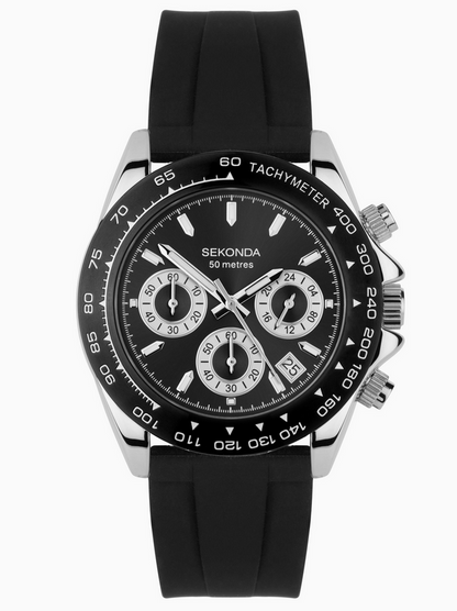 Sekonda Mens Circuit Chronograph Silver Alloy Case & Black Silicone Strap with Black Dial Watch