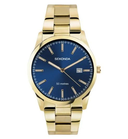 Sekonda Mens Fashion Dated Blue Dial Gold PVD Stainless Steel Bracelet Watch