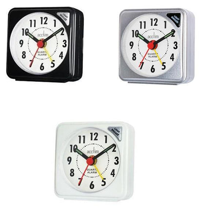 Acctim Ingot Quartz Travel Alarm Clock Light & Snooze Available Multiple Colour