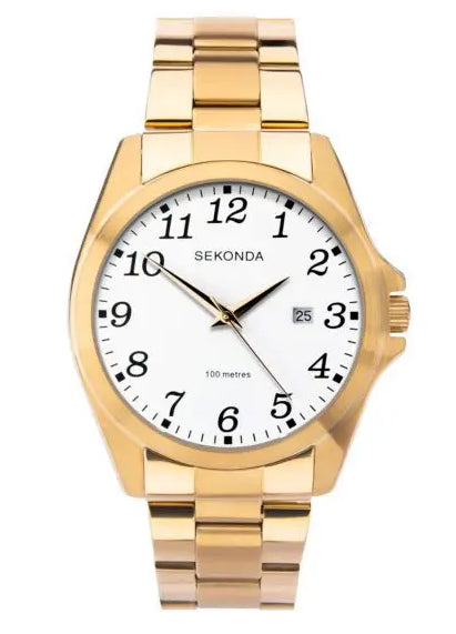 Sekonda Mens Classic Quartz White Dial Gold PVD Stainless Steel Bracelet Watch 1637