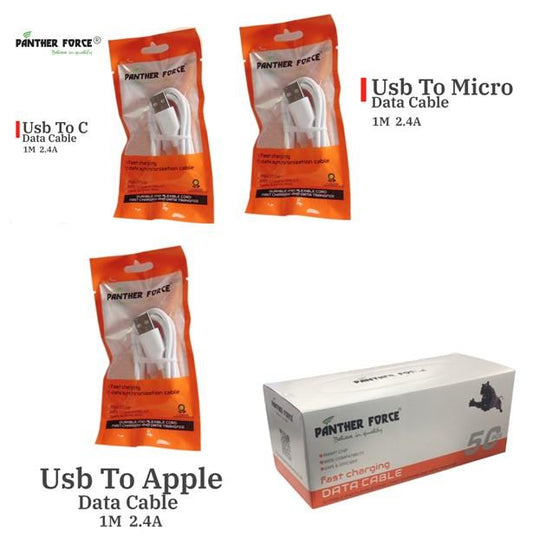 Panther Force 1M USB - Micro, 8 Pin &  Type C Cable (0.40p/each) Box of  50pc