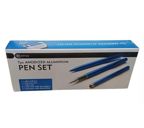 DDSL Instyle 7pc Black/Blue Ink Pen & Refills Anodized Aluminium Blue Case Pen Set Box 2799