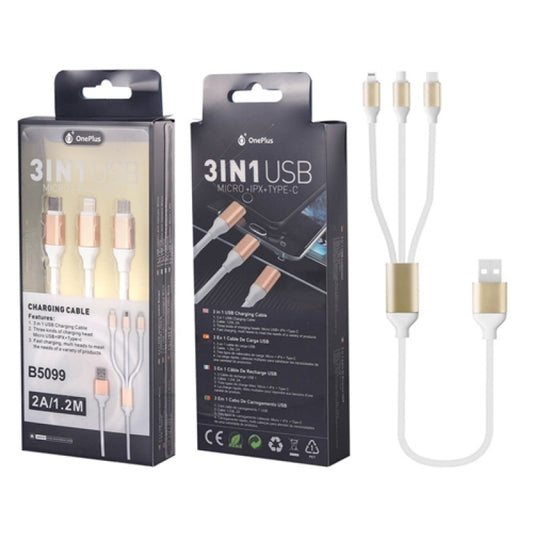 3 in 1 Charging Cable for Micro USB, iPhone, Type C, 2A, 1.2M, White