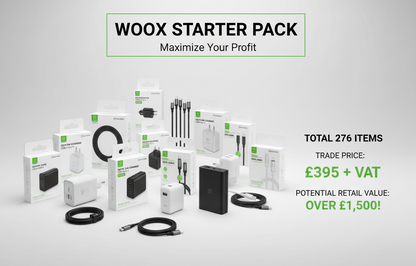 Woox Starter Pack - Charging Cables, Power Adapter, Car Charger and Power Bank Combo With Free Display Stand