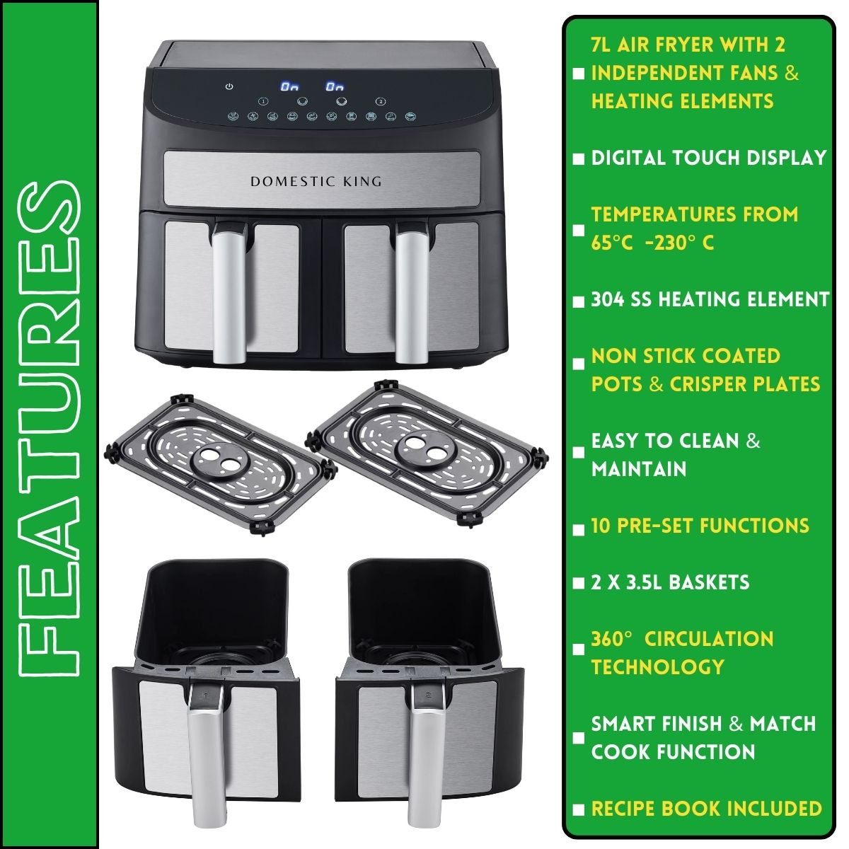 Domestic King Sync Technology 7L Digital Dual Basket 2400W Air Fryer With Recipe Book- DK18094