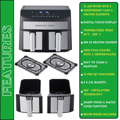 Domestic King Sync Technology 7L Digital Dual Basket 2400W Air Fryer With Recipe Book- DK18094