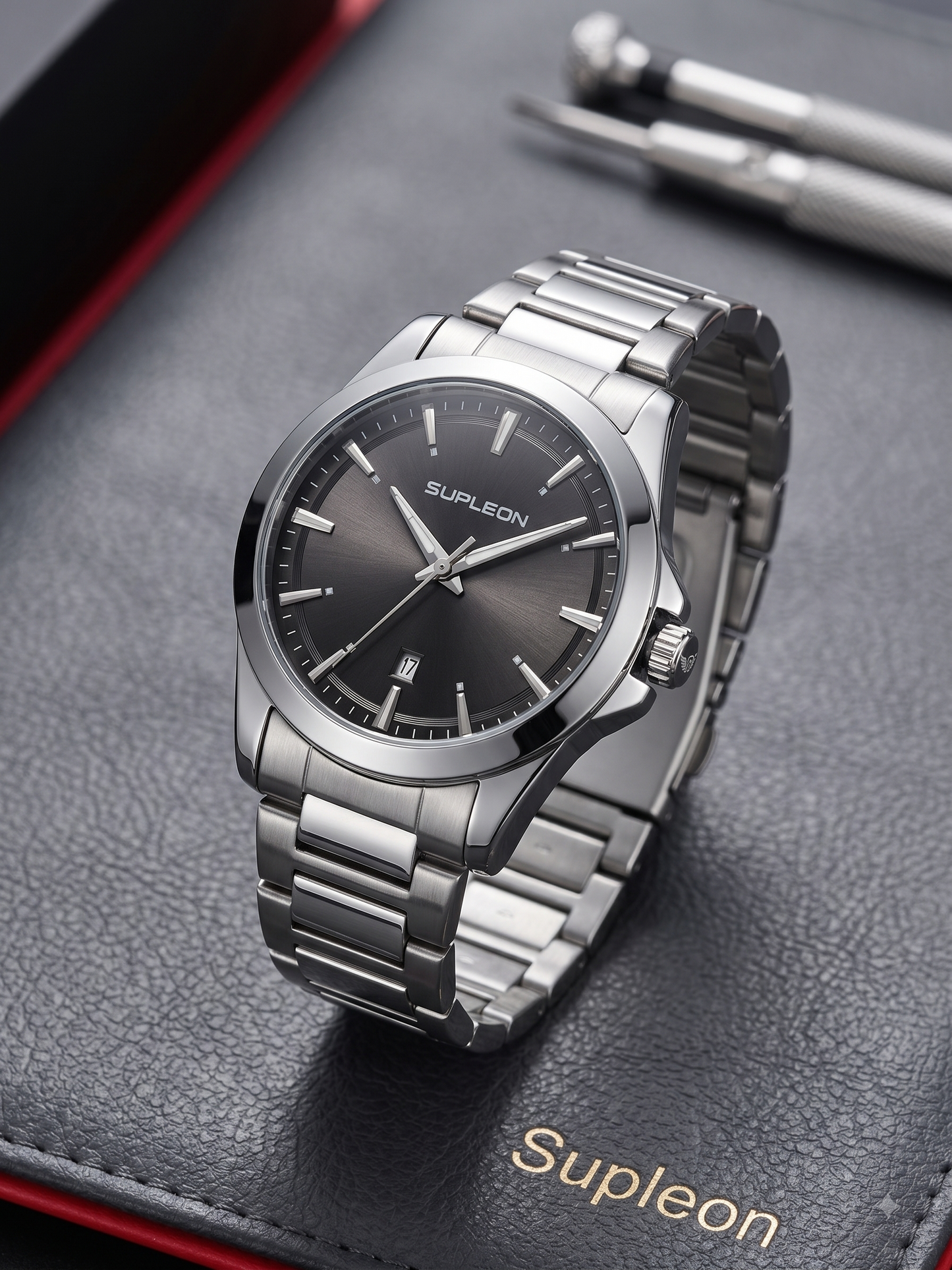 Supleon Men's Luxury Round Watch – Silver Stainless Steel Bracelet