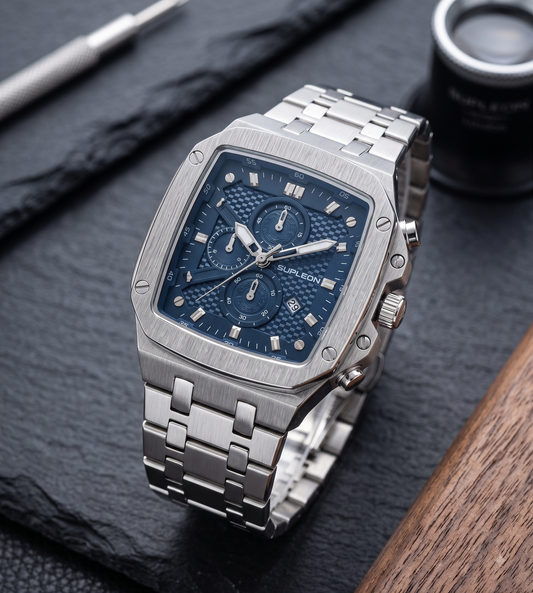 Supleon Men's Luxury Square Chronograph Watch – Silver Stainless Steel Bracelet