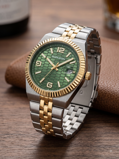 SUPLEON Men's Stainless Steel Analog Watch – Two Tone Green Dial