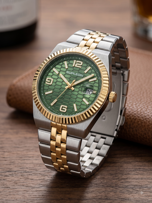 SUPLEON Men's Stainless Steel Analog Watch – Two Tone Green Dial