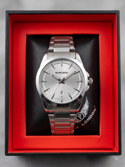 Supleon Men's Luxury Round Silver Watch – Silver Stainless Steel Bracelet