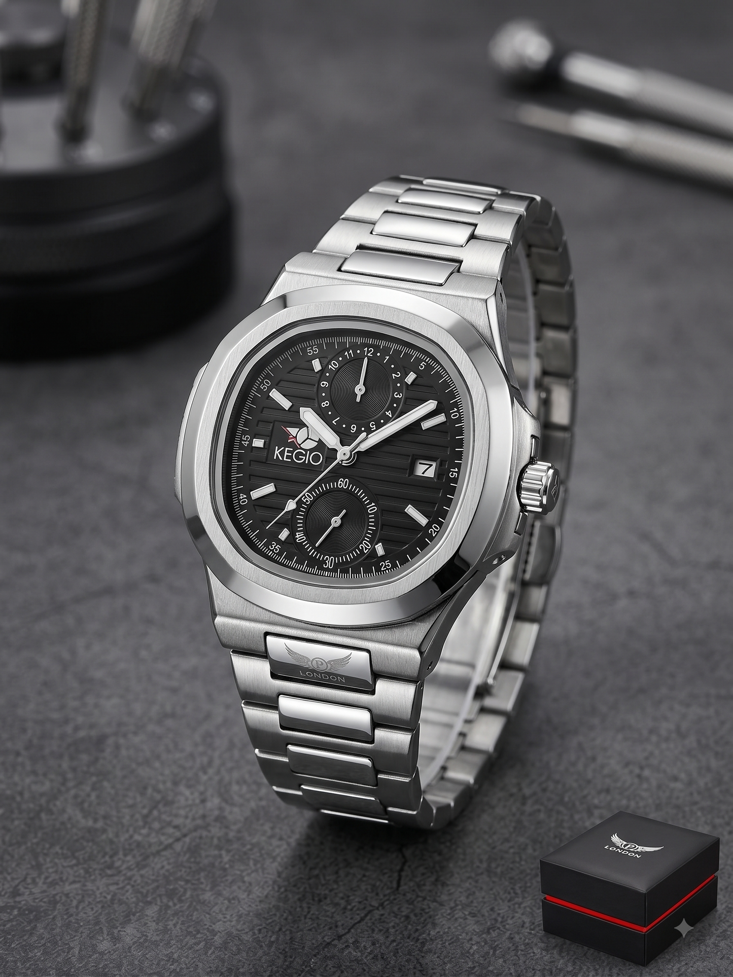 Supleon Men's Luxury Square Chronograph Watch – Silver Stainless Steel Bracelet Watch