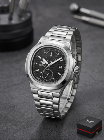 Supleon Men's Luxury Square Chronograph Watch – Silver Stainless Steel Bracelet Watch