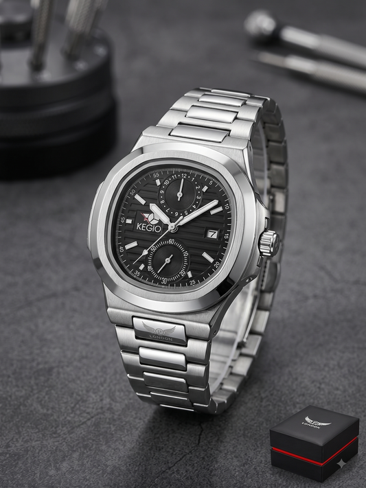 Supleon Men's Luxury Square Chronograph Watch – Silver Stainless Steel Bracelet Watch