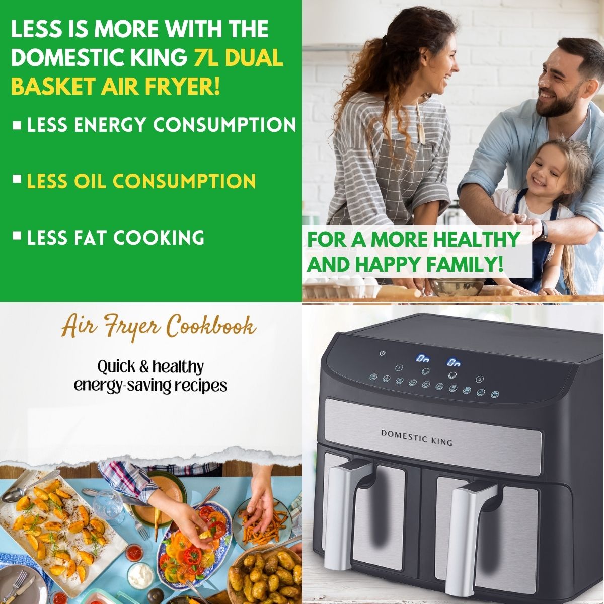 Domestic King Sync Technology 7L Digital Dual Basket 2400W Air Fryer With Recipe Book- DK18094