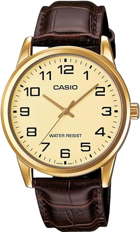 Casio Mens Fashion Gold Dial Brown Leather Strap Watch MTP-V001GL-9BUDF