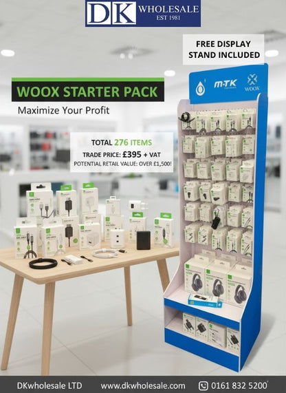 Woox Starter Pack - Charging Cables, Power Adapter, Car Charger and Power Bank Combo With Free Display Stand