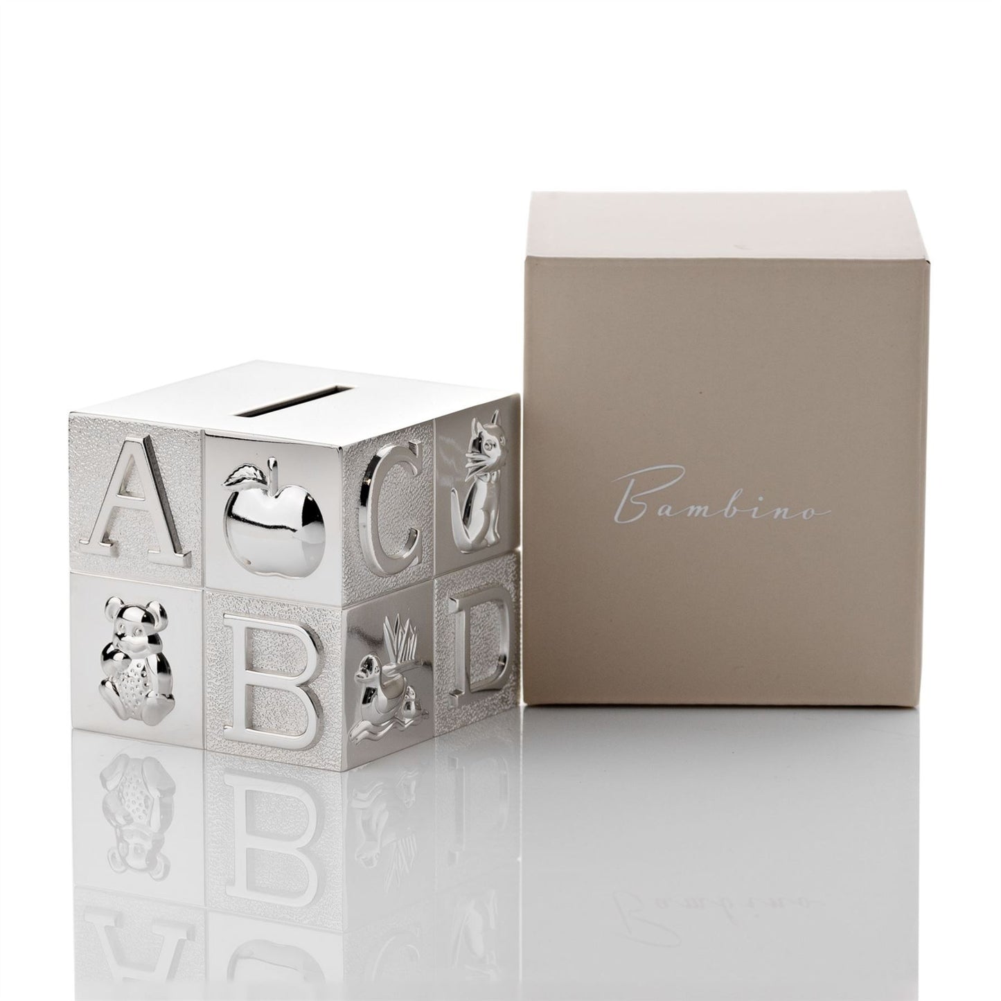 Bambino Silver Plated Money Box - Cube A B C