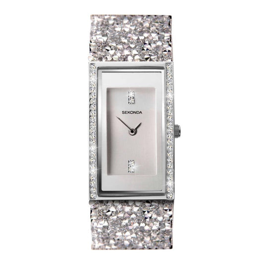 Sekonda Seksy Ladies Bling Rectangular Silver Dial & silver stone Stainless Steel Bracelet Strap Watch