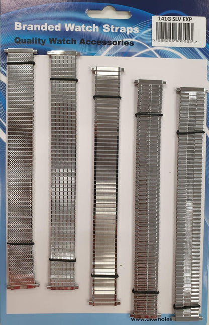 Gents And Ladies Metal Chrome Expander Watch Straps 5 Pk Available in Silver Tone 141GL