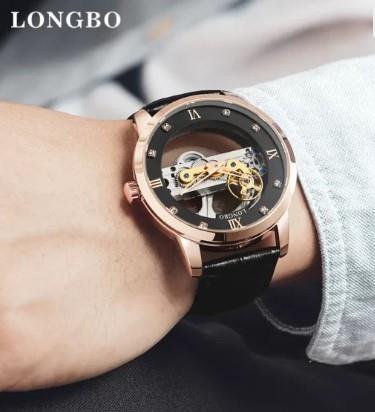 Longbo Mens Automatic Hollow mechanical Dial Analogue Rose Brown/Black Leather Strap Watch