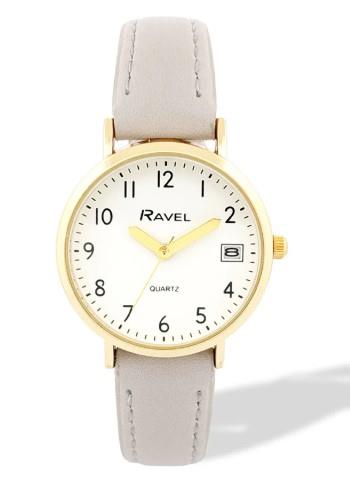 Ravel Ladies Basic Golden case Dated White Dial With Faux Leather Strap Watch Available Multiple Colour