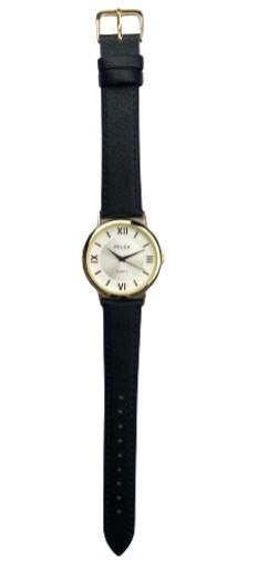 Pelex Mens Roman Number Gold Case White Dial Black Leather Strap Quartz Watch